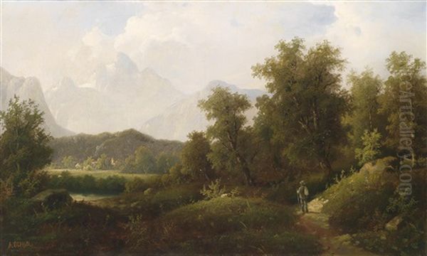 Gebirgige Flusslandschaft Oil Painting by Adolf Boehm