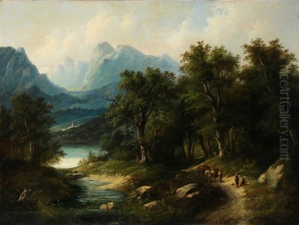 Mountain Scene From Styria With Travellers Resting By A Road Oil Painting by Eduard Boehm