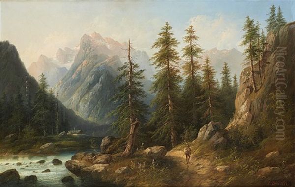 Promeneur Au Bord De La Cascade Sur Fond De Paysage Montagneux Oil Painting by Eduard Boehm