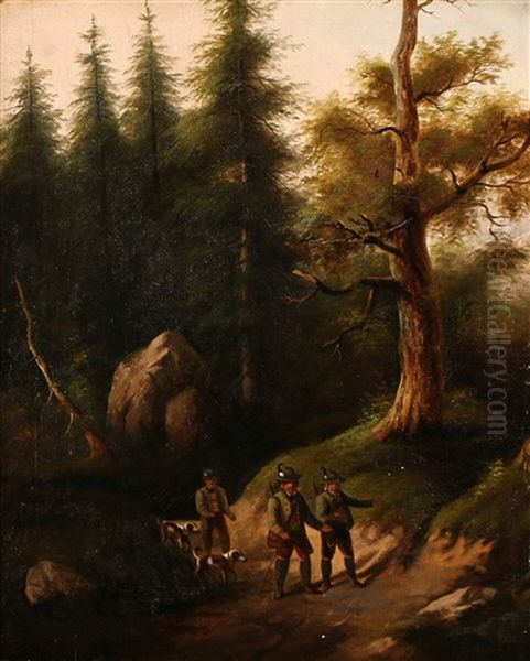 Forest Scene With Three Hunters And Their Dogs Oil Painting by Eduard Boehm