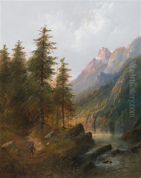 Mountain Landscape With Walker Oil Painting by Eduard Boehm