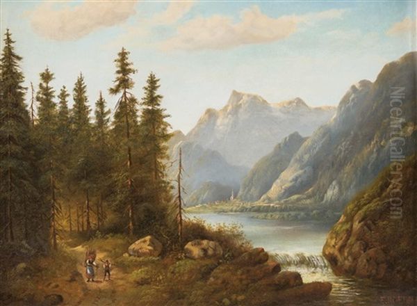 Mittelgebirgslandschaft Mit Reisigsammler Oil Painting by Eduard Boehm