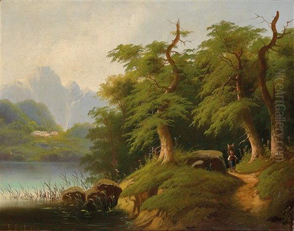 Mountain Lake With Decorative Figures Oil Painting by Eduard Boehm