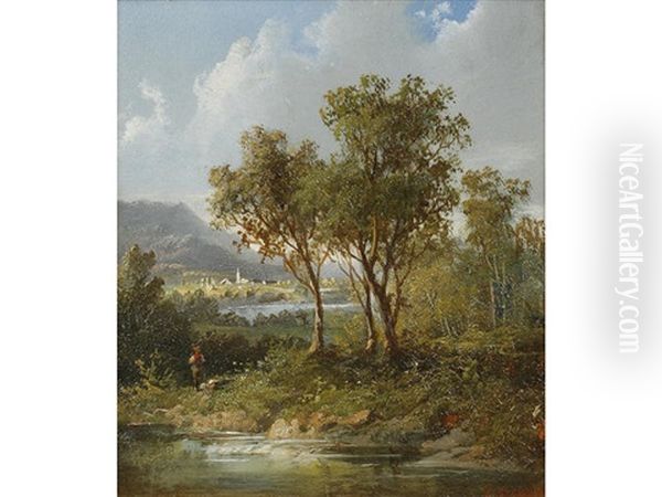 Figure Beside A Lake With Distant Mountains Oil Painting by Eduard Boehm