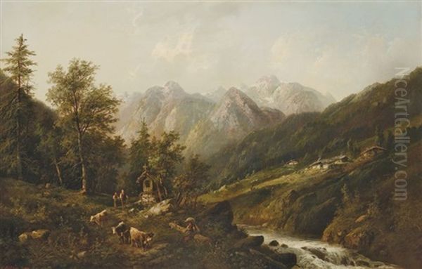 Gebirgslandschaft Mit Bauern Bei Einer Kleinen Kapelle Oil Painting by Eduard Boehm