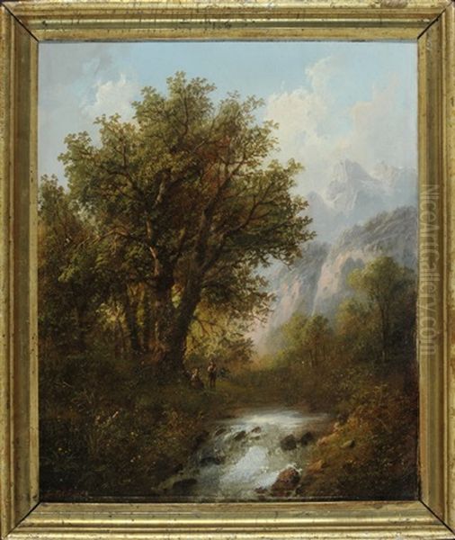 Paar Am Wildbach In Gebirgslandschaft Oil Painting by Eduard Boehm