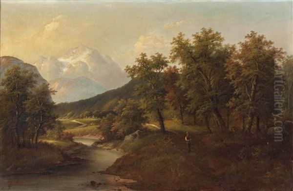 Mittelgebirgslandschaft Mit Wanderer Oil Painting by Eduard Boehm