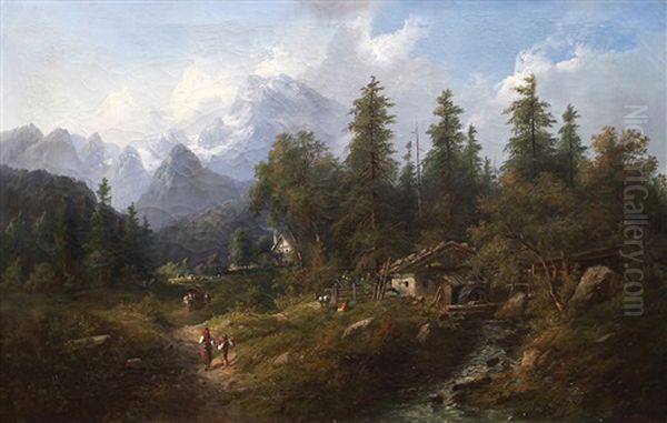 Alpska Krajina S Vodnim Mlynem A Figuralni Stafazi Oil Painting by Eduard Boehm