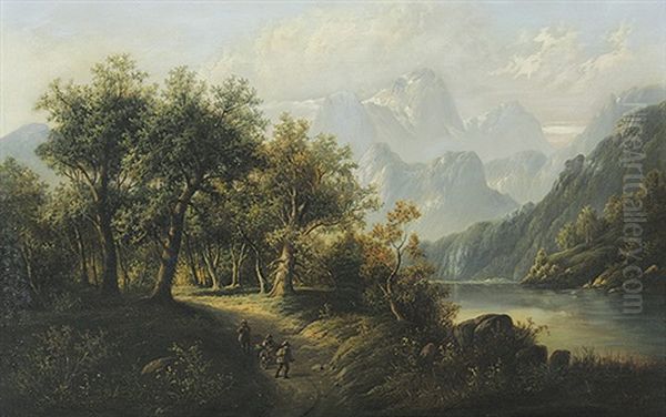 Wanderer Am Fluslauf In Voralpenlandschaft Oil Painting by Eduard Boehm