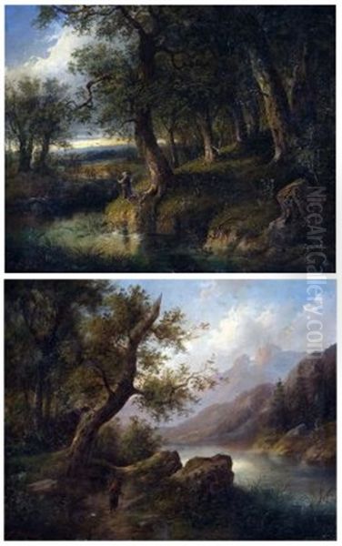 Figure In River Landscape And Lakeland View (2 Works) Oil Painting by Eduard Boehm