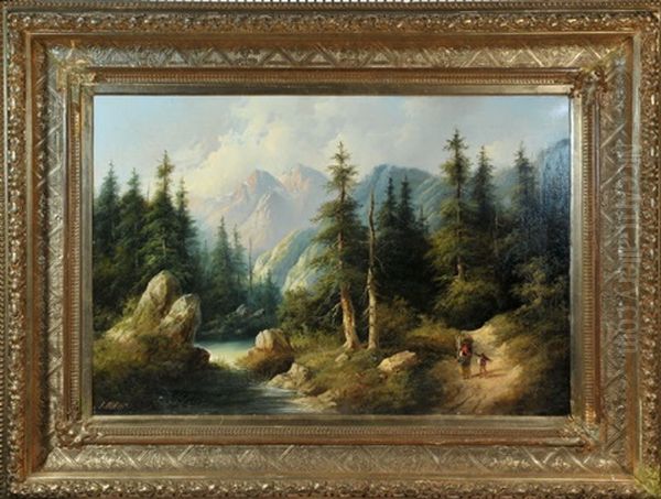 Idyllische Waldlandschaft Mit Reisigsammlern Am Bachlauf Und Blick Auf Die Alpen Oil Painting by Eduard Boehm