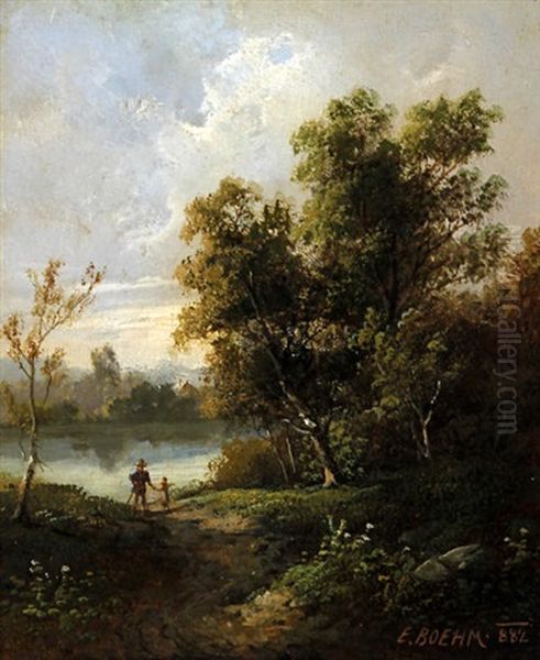 Waldenelsehaft Aus Steurmark, Wooded River Landscape With Father And Child On A Pathway Oil Painting by Eduard Boehm