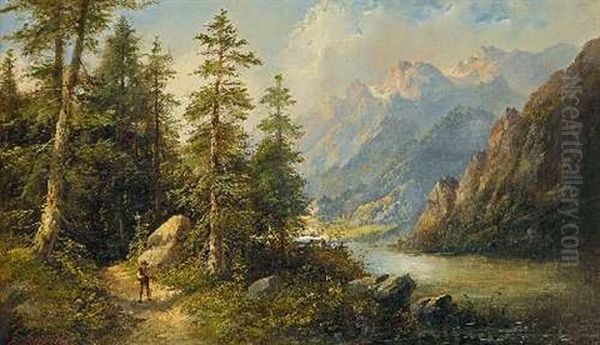 Wanderer An Einem Fluss Im Gebirge Oil Painting by Eduard Boehm