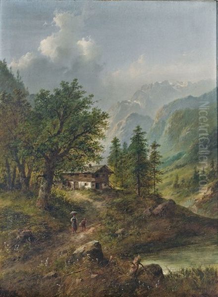 Gebirgslandschaft In Den Alpen Mit Malerischem Gehoft Und Figurenstaffage Oil Painting by Eduard Boehm