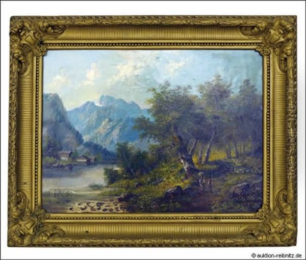 Alpenlandschaft Mit Hausergruppe An Gebirgssee Und Figurenstaffage Oil Painting by Eduard Boehm