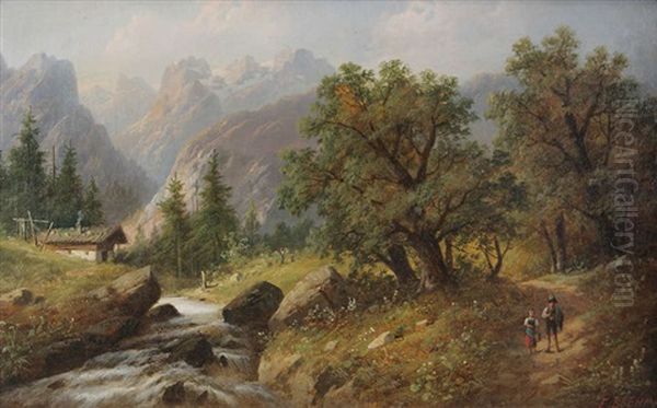 Paysage Montagneux En Suisse Anime De Figures Oil Painting by Eduard Boehm