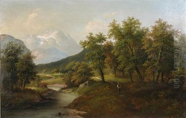 A Mountainous Landscape With A Traveller On A Wooded Lane By A Stream Oil Painting by Eduard Boehm