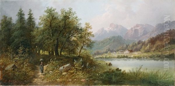 Blick Uber Flus Und Gehoft Auf Alpenmassiv Mit Personenstaffage Oil Painting by Eduard Boehm