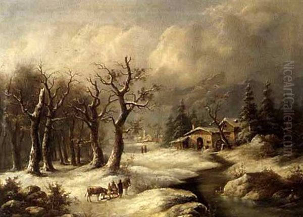 Winterlandschaft Mit Wassermuhle Und Figurenstaffage Oil Painting by Eduard Boehm