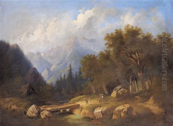 Wanderer In Gebirgslandschaft Oil Painting by Eduard Boehm