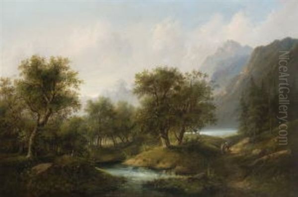 Wanderndes Bauernpaar Am Wasser In Gebirgslandschaft Oil Painting by Eduard Boehm