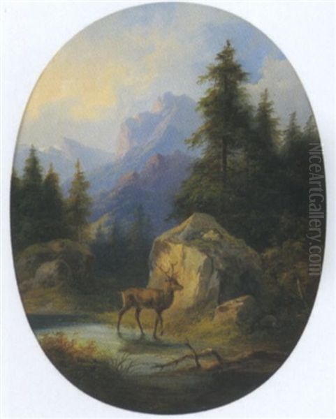 Hirsch Vor Einer Gebirgslandschaft Oil Painting by Eduard Boehm