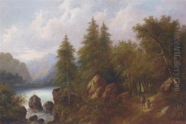 Travellers In A Wooded River Landscape Oil Painting by Eduard Boehm