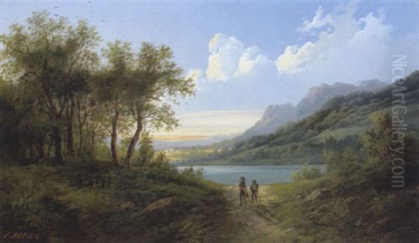 Angler In Einer Fluslandschaft In Der Steiermark Oil Painting by Eduard Boehm