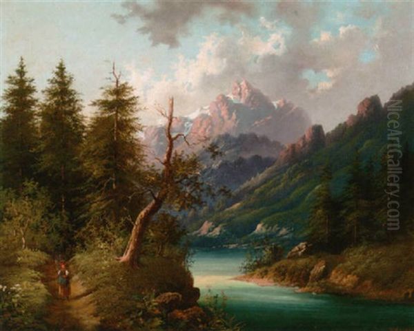 A Faggot Gatherer On A Riverside Path, Snow-covered Mountains Beyond Oil Painting by Eduard Boehm