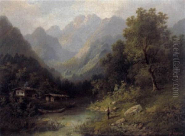 Gebirgslandschaft Mit Angler Oil Painting by Eduard Boehm