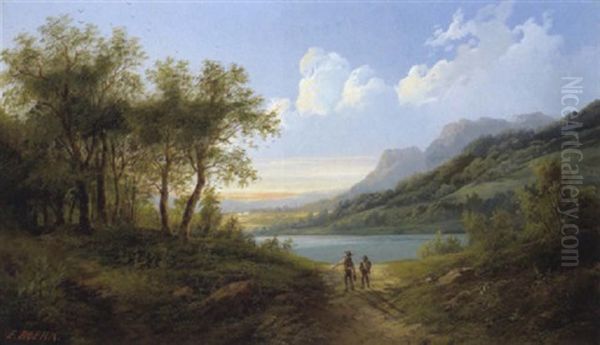 Angler In Einer Fluslandschaft In Der Steiermark Oil Painting by Eduard Boehm