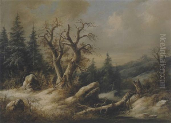 Jager Stellen Wildschweine In Winterlandschaft Oil Painting by Eduard Boehm