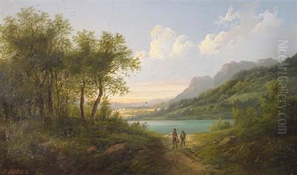 Angler In Einer Fluslandschaft Der Steiermark Oil Painting by Eduard Boehm