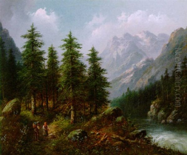 Wanderer In Alpenlandschaft Oil Painting by Eduard Boehm