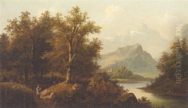 A Figure By A Lake With A Church And Mountains Beyond Oil Painting by Eduard Boehm