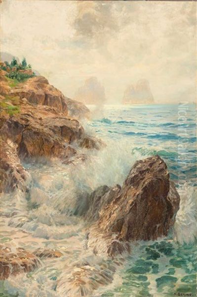 Blick Von Der Kuste Der Amalfitana Auf Die Faraglioni-felsen Oil Painting by Karl Theodor Boehme