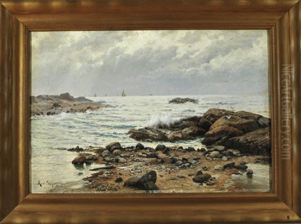 Steinige Meeresbrandung Mit Segelbooten Am Horizont Oil Painting by Karl Theodor Boehme