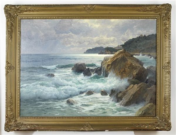 Meeresbrandung An Der Strase Bei Portofino Oil Painting by Karl Theodor Boehme