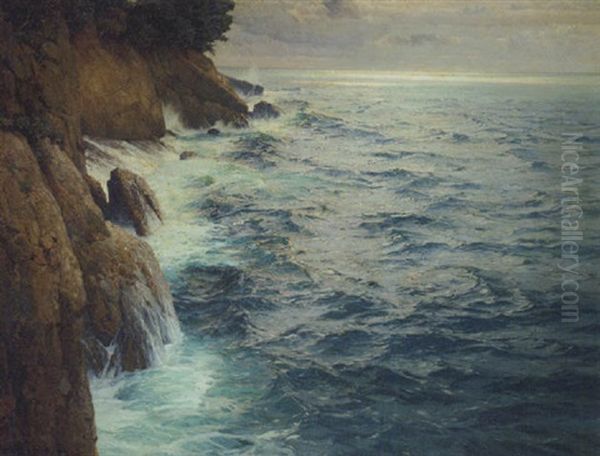 Breakers On A Rocky Coast, Capri Oil Painting by Karl Theodor Boehme