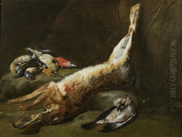 A Dead Wryneck, Bluethroat, Hoopoe And Bullfinch With A Dead Hare And A Dead Jay Oil Painting by Pieter Boel