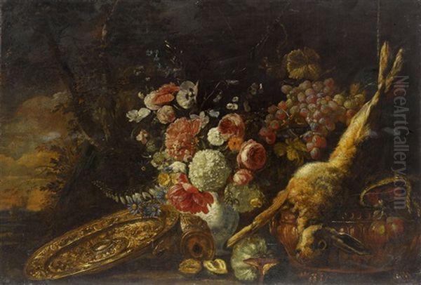 Stillleben Mit Blumen, Fruchten, Tischgerat Und Erlegtem Hasen Oil Painting by Pieter Boel