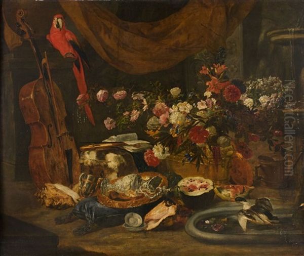 Composition Au Perroquet, A La Viole Et Au Bouquet De Fleurs Oil Painting by Pieter Boel