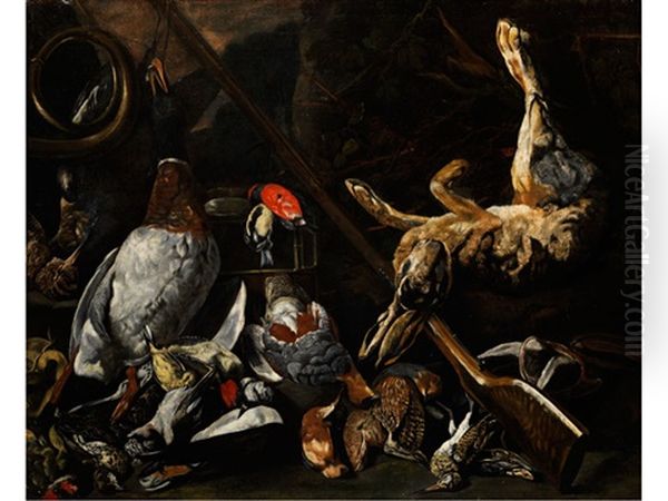 Grosses Jagdstilleben Mit Erlegten Enten, Feldhasen Und Weiterem Federvieh Oil Painting by Pieter Boel