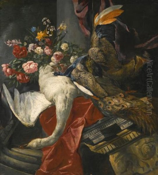 Still Life Of Peonies, Roses And Other Flowers In A Terracotta Vase, Together With A Swan, Peacock And Boar's Head, Resting On A Red Drape And An Antique Architectural Fragment Oil Painting by Pieter Boel