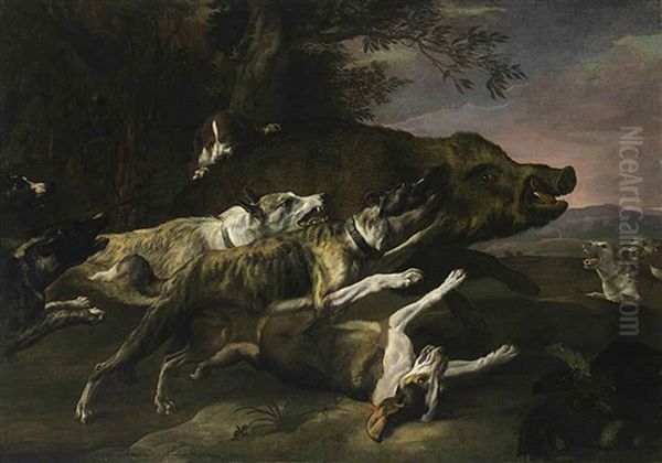 Hounds Bringing Down A Boar Oil Painting by Pieter Boel