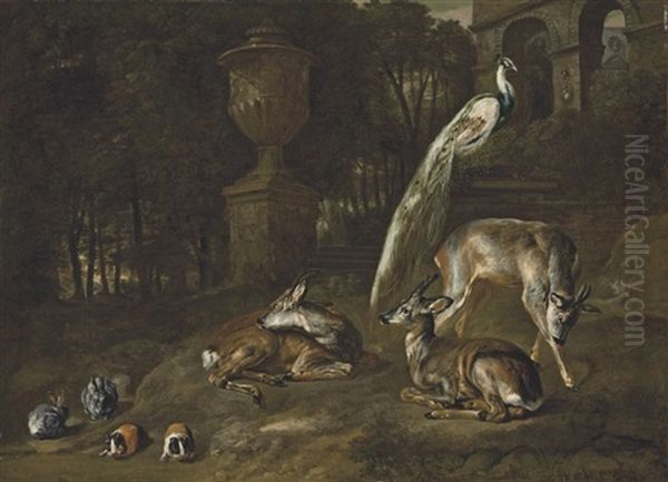 Three Deer, A Peacock, Rabbits, And Guinea Pigs In A Wooded Landscape, With Classical Statuary And Arches Beyond Oil Painting by Pieter Boel