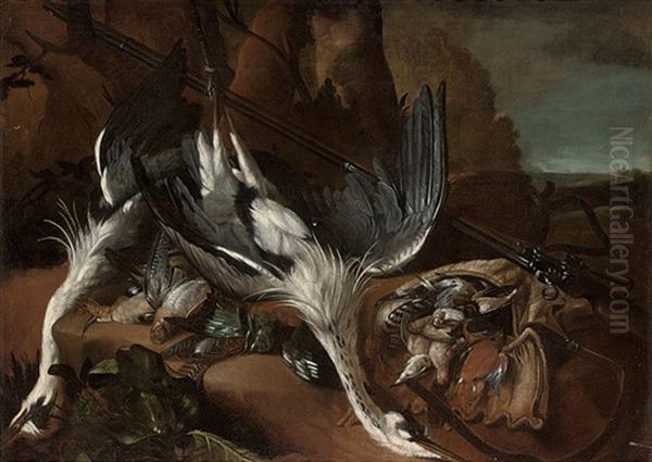 Two Dead Heron, Woodcock And Other Birds, With A Rifle In A Landscape Oil Painting by Pieter Boel