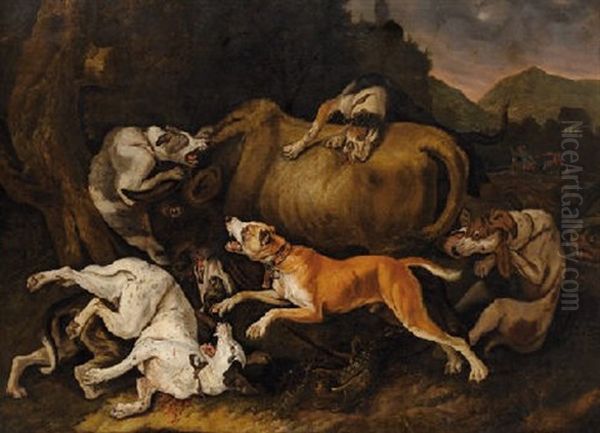 Chiens Attaquant Un Taureau Oil Painting by Pieter Boel