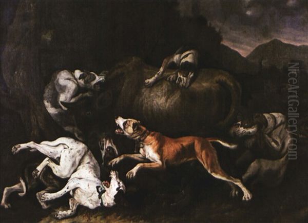 Chiens Attaquant Un Taureau Oil Painting by Pieter Boel