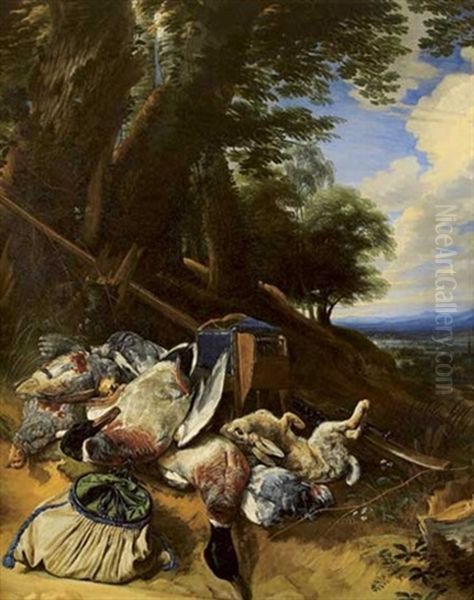 Nature Morte Aux Colverts, Perdreaux Ramiers Et Lievre Dans Un Paysage Panoramique Oil Painting by Pieter Boel